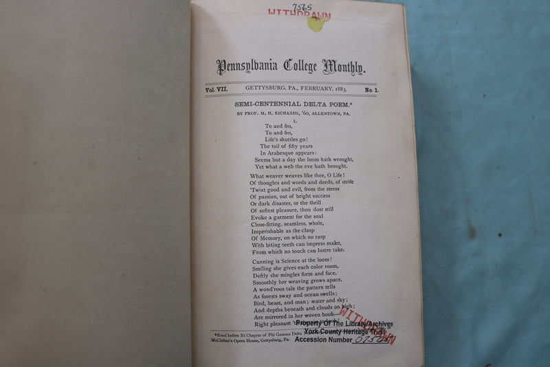 1877-1890 PENNSYLVANIA COLLEGE MONTHLY BOUND VOLUMES - LOT OF 7 - KD 9561
