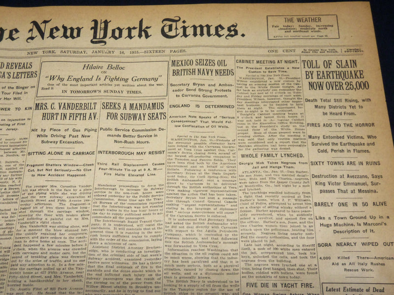 1915 JANUARY 16 NEW YORK TIMES - EARTHQUAKE TOLL NOW OVER 25,000 - NT 7824