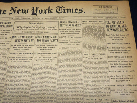 1915 JANUARY 16 NEW YORK TIMES - EARTHQUAKE TOLL NOW OVER 25,000 - NT 7824