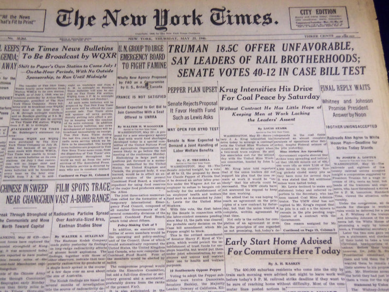 1946 MAY 23 NEW YORK TIMES - KRUG INTENSIFIES DRIVE FOR COAL PEACE - NT 3253