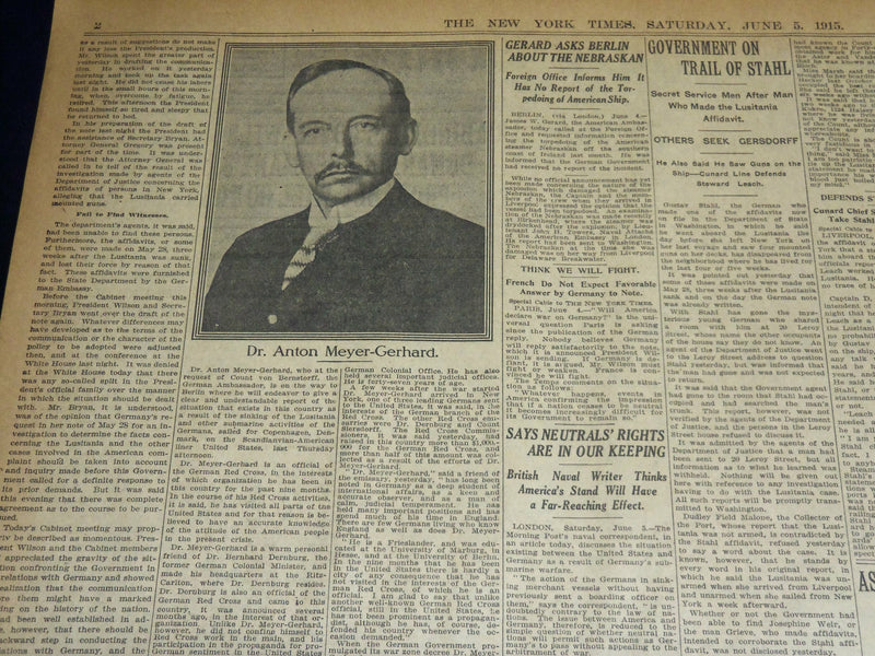 1915 JUNE 5 NEW YORK TIMES NEWSPAPER - CABINET APPROVES WILSON'S NOTE - NT 7695