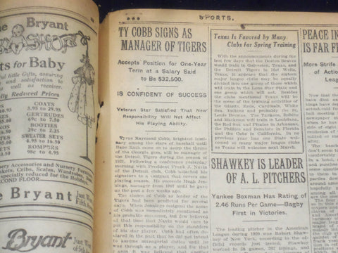 1920 DECEMBER 19 NEW YORK TIMES - TY COBB SIGNS AS MANAGER OF TIGERS - NT 8499