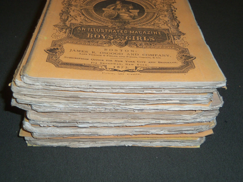 1873 OUR YOUNG FOLKS ILLUSTRATED MAGAZINE LOT OF 12 - GREAT STORIES - WR 105P