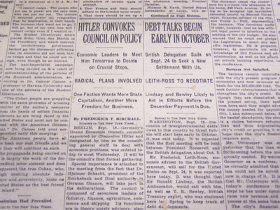 1933 SEPTEMBER 19 NEW YORK TIMES - HITLER CONVOKES COUNCIL - NT 3873