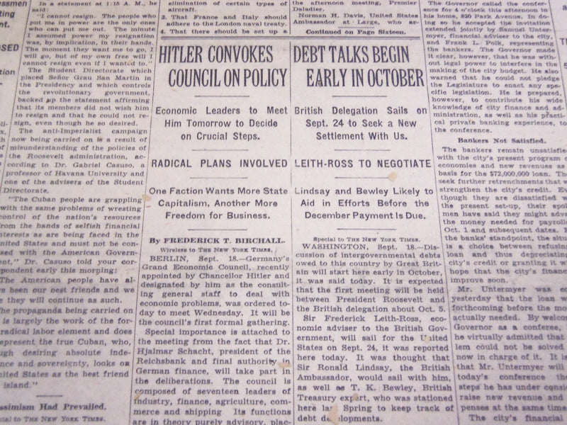 1933 SEPTEMBER 19 NEW YORK TIMES - HITLER CONVOKES COUNCIL - NT 3873