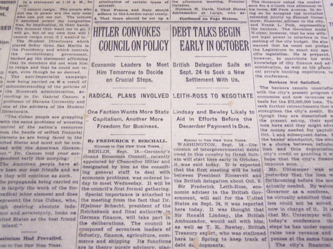 1933 SEPTEMBER 19 NEW YORK TIMES - HITLER CONVOKES COUNCIL - NT 3873