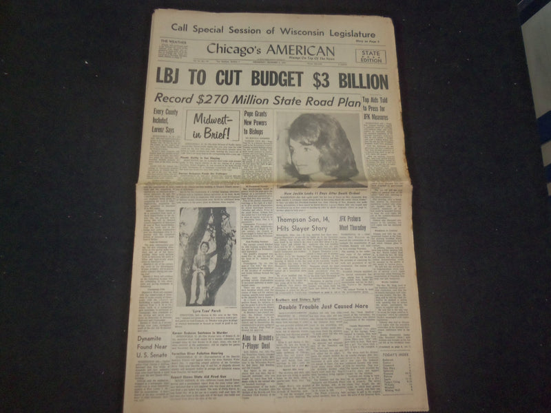 1963 DEC 4 CHICAGO'S AMERICAN NEWSPAPER - LBJ TO CUT BUDGET $3 BILLION - NP 8051