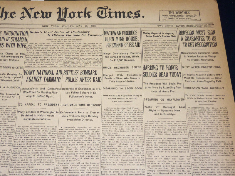 1921 MAY 23 NEW YORK TIMES - HARDING TO HONOR SOLDIER DEAD TODAY - NT 8599