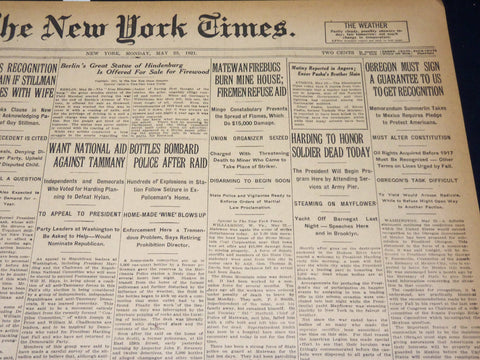1921 MAY 23 NEW YORK TIMES - HARDING TO HONOR SOLDIER DEAD TODAY - NT 8599