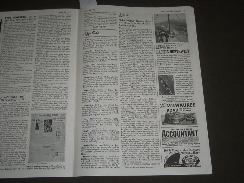 1937 APRIL 17 THE LITERARY DIGEST MAGAZINE - BILL DICKEY COVER - J 2558