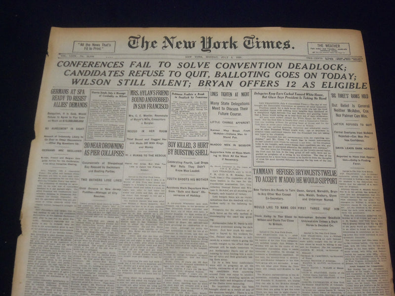 1920 JULY 5 NEW YORK TIMES - CONVENTION DEADLOCKED - NT 9321