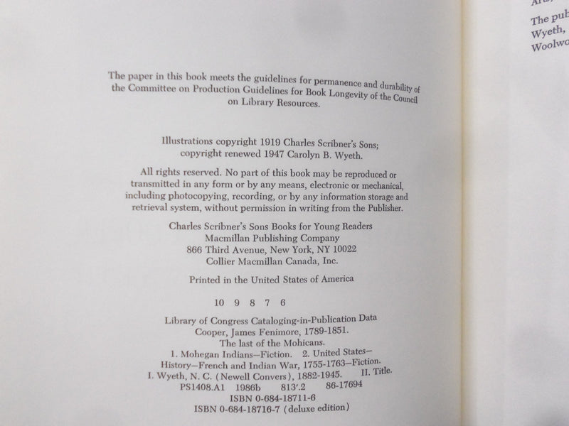1947 THE LAST OF THE MOHICANS HARDCOVER BOOK BY COOPER, ILLUS, BY WYETH- KD 8581
