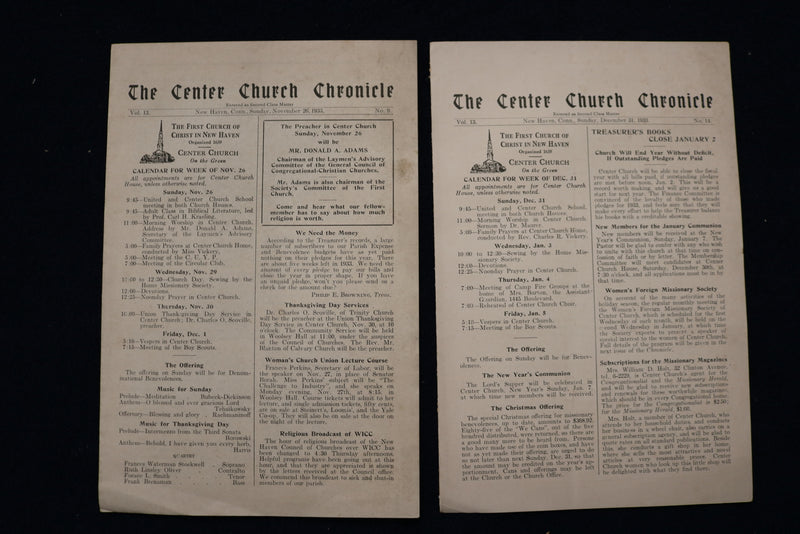 1933 THE CENTER CHURCH CHRONICLE NEWSLETTER - LOT OF 2 - K 1502