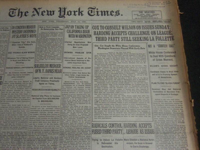 1920 JULY 14 NEW YORK TIMES - COX TO CONSULT WILSON ON ISSUES SUNDAY - NT 6751
