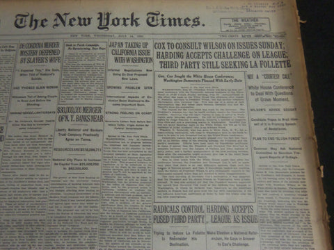 1920 JULY 14 NEW YORK TIMES - COX TO CONSULT WILSON ON ISSUES SUNDAY - NT 6751