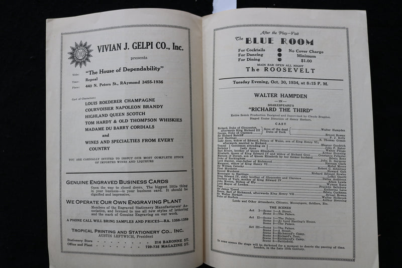 1934 TULANE THEATRE PROGRAM - WALTER HAMPDEN - K 1808