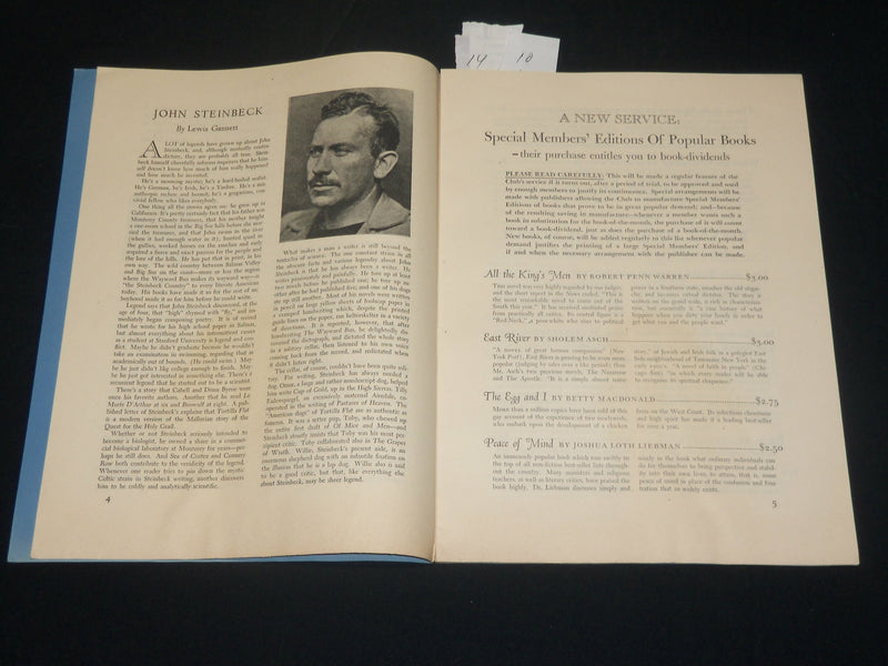 1947 FEBRUARY BOOK OF THE MONTH CLUB NEWS MAGAZINE - JOHN STEINBECK - J 5788