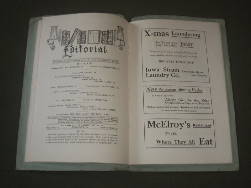 1909 DEC ARGUS OTTUMWA IOWA HIGH SCHOOL MAGAZINE - YB 1352