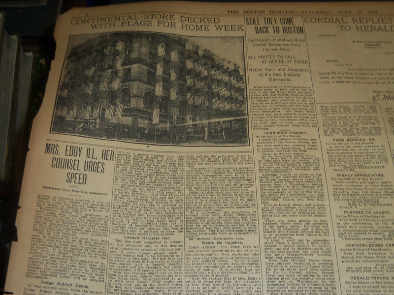 1907 JULY 27 THE BOSTON HERALD NEWSPAPER - MRS. EDDY ILL - BH 259