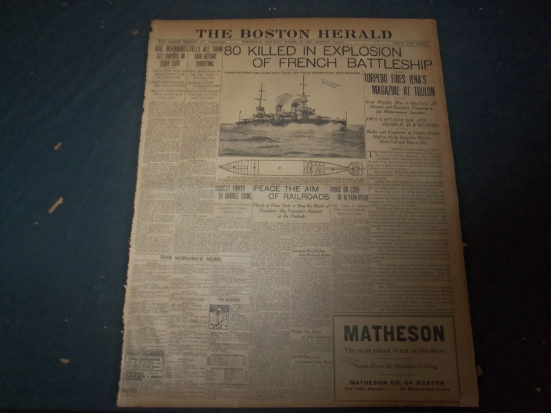 1907 MAR 13 THE BOSTON HERALD-80 KILLED IN EXPLOSION OF FRENCH BATTLESHIP -BH 10