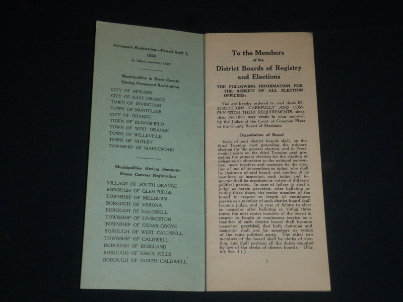 1937 ESSEX COUNTY PRIMARY AND GENERAL ELECTIONS INSTRUCTIONS LOT OF 2 - J 3981