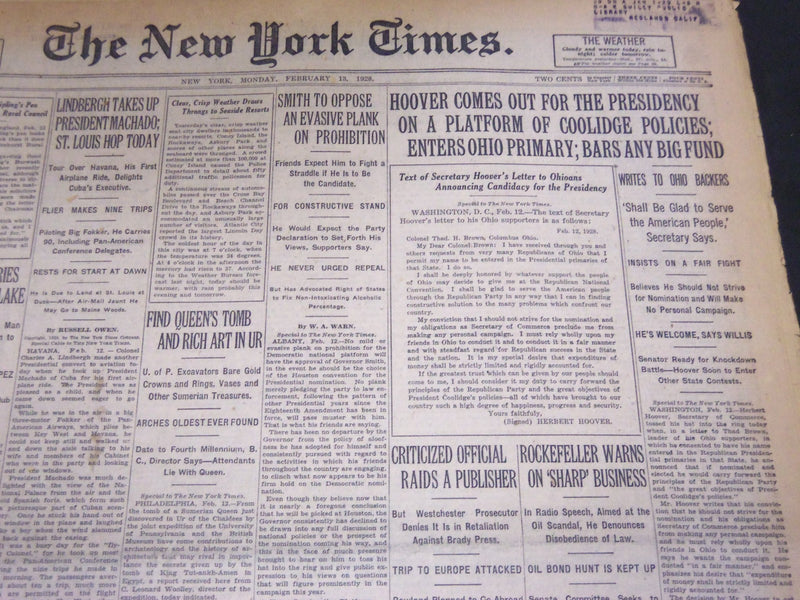 1928 FEBRUARY 13 NEW YORK TIMES - HOOVER COMES OUT FOR THE PRESIDENCY - NT 5081