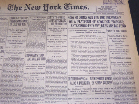 1928 FEBRUARY 13 NEW YORK TIMES - HOOVER COMES OUT FOR THE PRESIDENCY - NT 5081