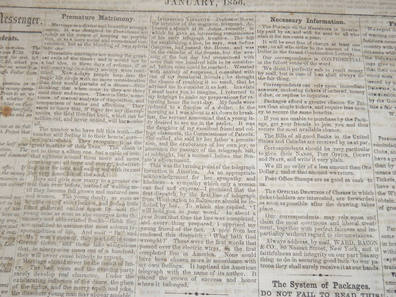 1856 JAN MONTHLY MESSENGER NEWSPAPER - SAMUEL MORSE - LOTTERY PRIZES - NP 3879R
