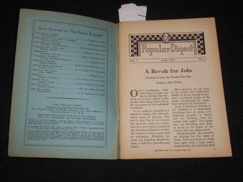 1937 JUNE POPULAR DIGEST MAGAZINE - VOLUME 1 NO. 1 - DAVID SINCLAIR - K 1029