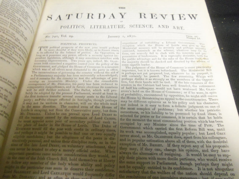 1870 SATURDAY REVIEW 2 BOUND VOLUMES - COMPLETE YR- PUBLISHED IN LONDON - R 1072