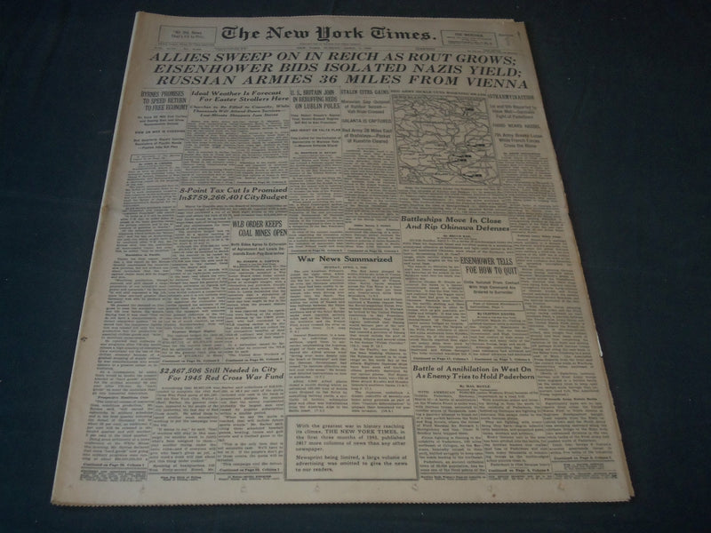 1945 APRIL 1 NEW YORK TIMES NEWSPAPER -ALLIES SWEEP IN REICH ROUT GROWS- NT 7285