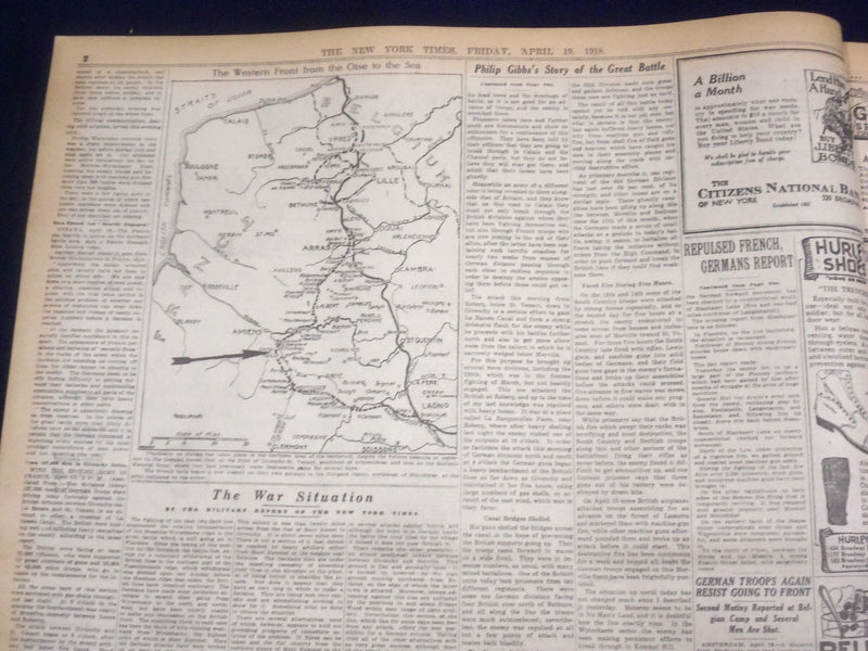 1918 APRIL 19 NEW YORK TIMES - FRENCH ARMY ARRIVES, GERMANS HALTED - NT 8223