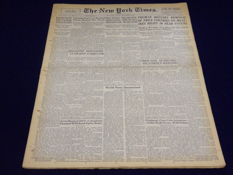 1946 SEPT 27 NEW YORK TIMES - TRUMAN REFUSES REMOVAL OF PRICE CONTROLS - NT 2243