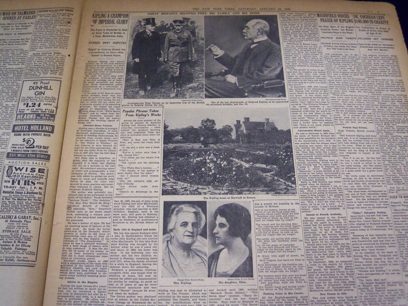 1936 JAN 18 NEW YORK TIMES - RUDYARD KIPLING DIES AT AGE OF 70 - NT 2060