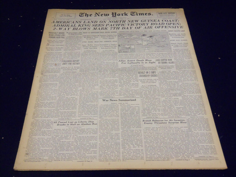 1944 APRIL 24 NEW YORK TIMES - AMERICANS LAND ON WORTH NEW GUINEA COAST- NT 1638