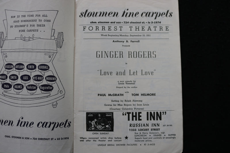 1951 LOVE AND LET LOVE PROGRAM - GINGER ROGERS - FORREST THEATRE - K 1831