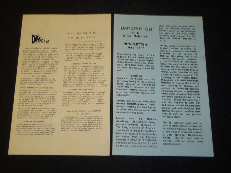 1980'S BILLIE MAHONEY DANCER NEWSLETTERS & HANDWRITTEN NOTE TO GETZ - J 5458