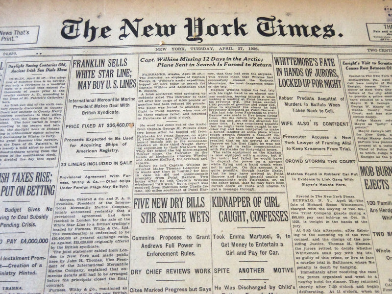 1926 APRIL 27 NEW YORK TIMES - CAPT. WILKINS MISSING 12 DAYS IN ARCTIC - NT 5578