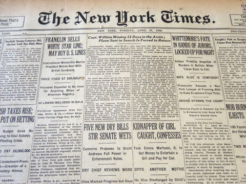 1926 APRIL 27 NEW YORK TIMES - CAPT. WILKINS MISSING 12 DAYS IN ARCTIC - NT 5578