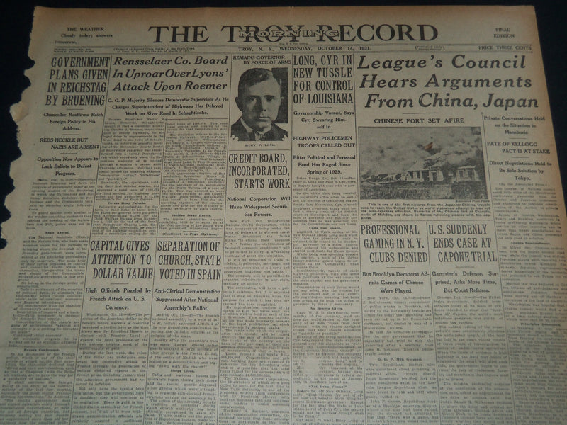 1931 OCT 14 THE TROY RECORD NEWSPAPER -LONG, CYR IN TUSSLE FOR CONTROL - NT 7509