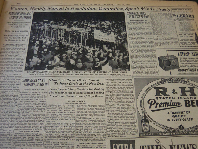1940 JULY 18 NEW YORK TIMES - ROOSEVELT RENOMINATED ON FIRST BALLOT - NT 5912