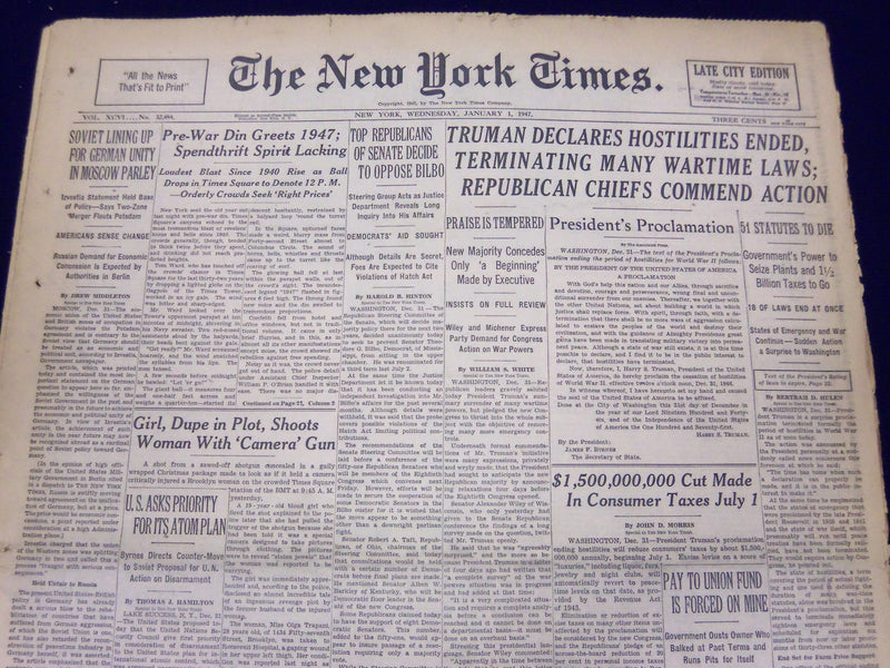 1947 JAN 1 NEW YORK TIMES - TRUMAN DECLARES HOSTILITIES ENDED - NT 84