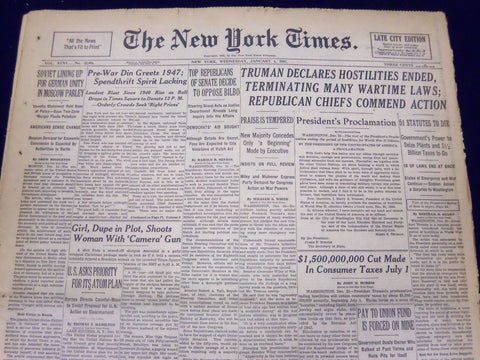 1947 JAN 1 NEW YORK TIMES - TRUMAN DECLARES HOSTILITIES ENDED - NT 84