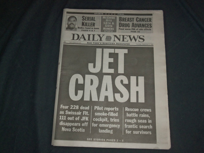 1998 SEP 3 NEW YORK DAILY NEWS NEWSPAPER - JET CRASH OFF NOVA SCOTIA - NP 4043
