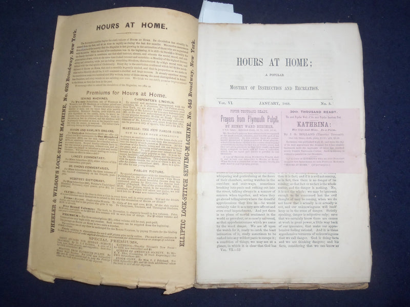 1868 JAN-SEP-NOV HOURS AT HOME MONTHLY MAGAZINE - LOT OF 3 - J 9796