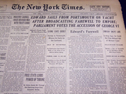1936 DEC 12 NEW YORK TIMES - EDWARD ON YACHT AFTER FAREWELL TO EMPIRE - NT 2136