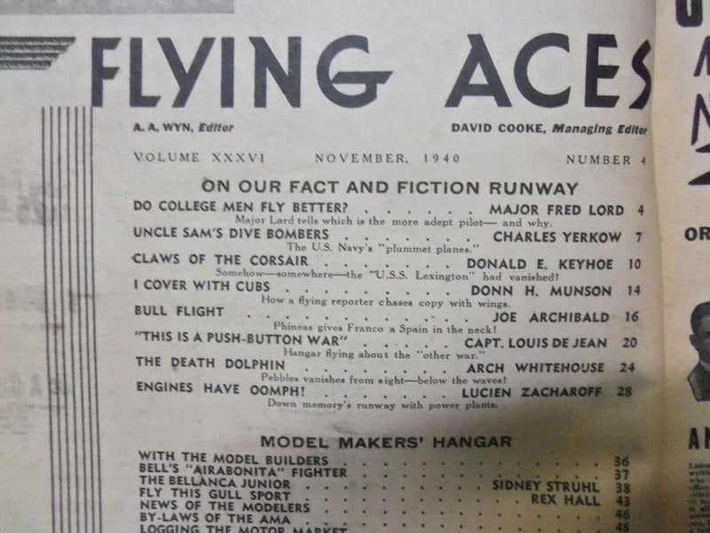 1940 NOVEMBER FLYING ACES MAGAZINE - UNCLE SAM'S DIVE BOMBERS - II 4647