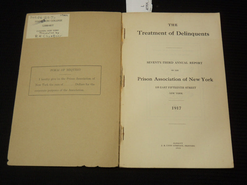 1917 NEW YORK TREATMENT OF DELINQUENTS -73RD ANNUAL PRISON ASSOC. REPORT- K 2701