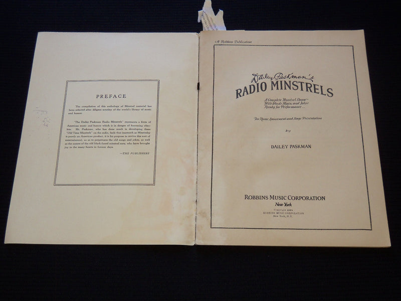 1928 DAILEY PASKMAN'S RADIO MINSTRELS SONG BOOK - SOFTCOVER - J 8034