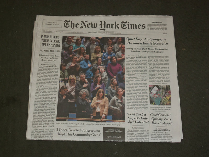 2018 OCTOBER 29 NEW YORK TIMES - VIGIL FOR 11 KILLED IN PITTSBURGH SYNAGOGUE